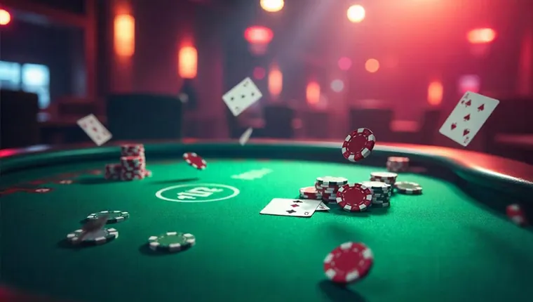 Online poker table with cards and chips, showing a strategic hand